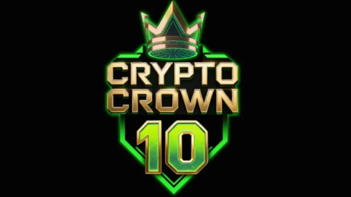 Tampilan visual slot Crypto Crown 10 dengan tema neon futuristik dan simbol koin kripto.
